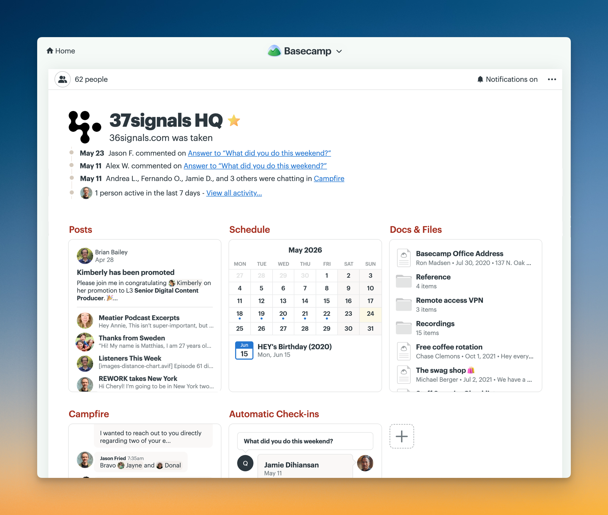 Screenshot of the 37signals HQ project in Basecamp, showing recent activity and tools like Posts, Schedule, Docs & Files, Campfire, and Automatic Check-ins.