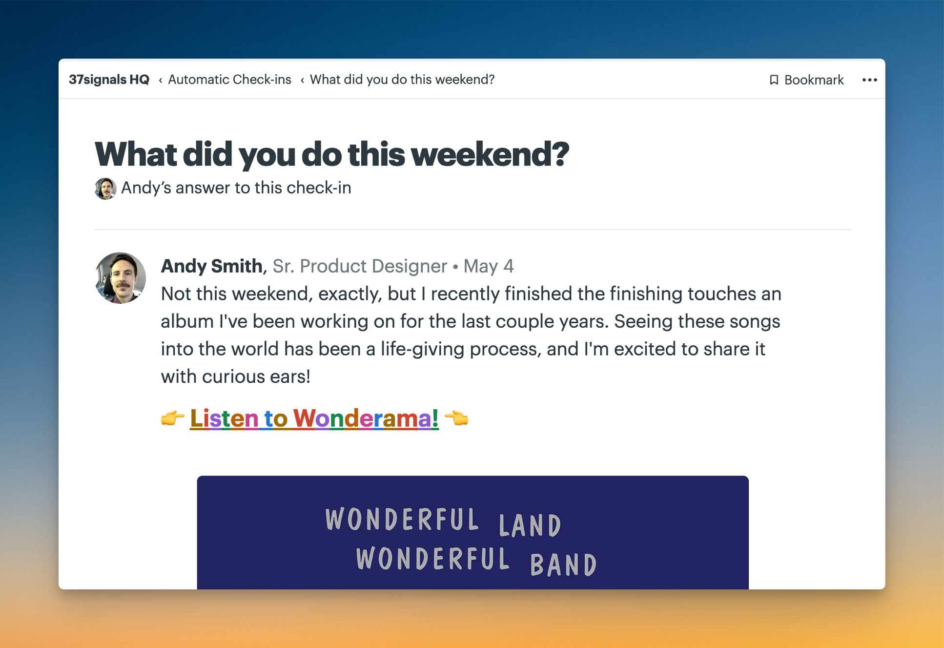 Screenshot of a Basecamp automatic check-in answer to What did you do this weekend?