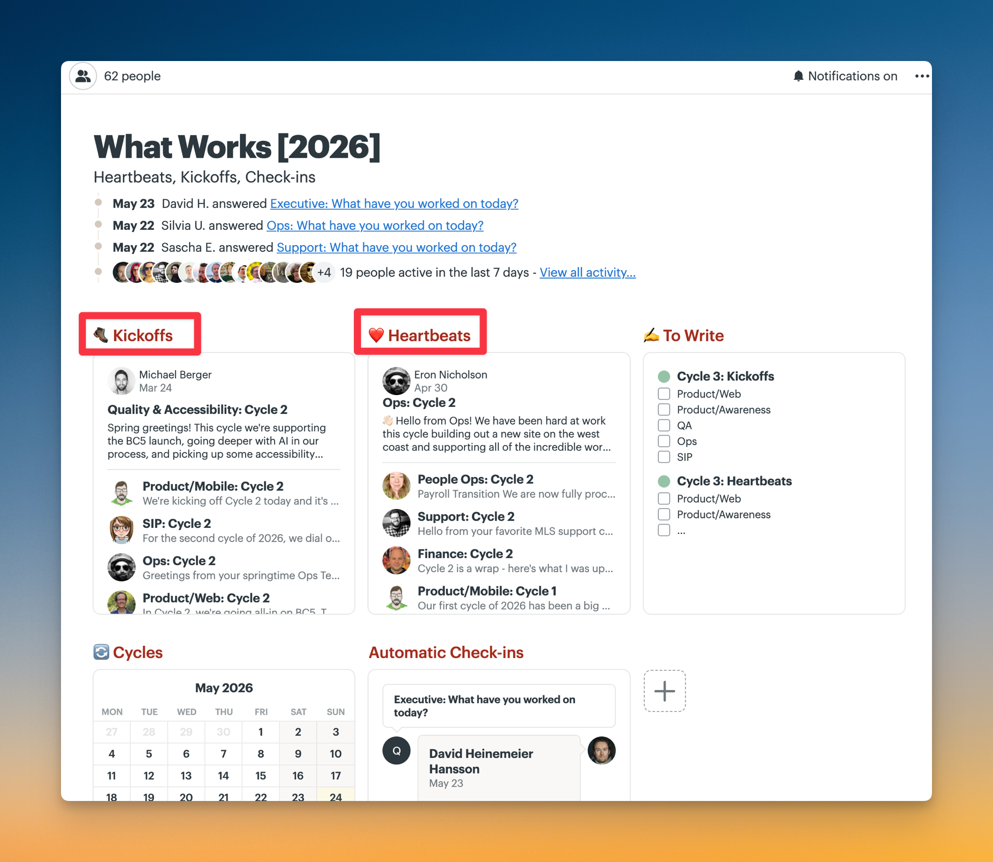 Screenshot of the What Works [2026] Basecamp project with Kickoffs and Heartbeats out lined in red boxes.