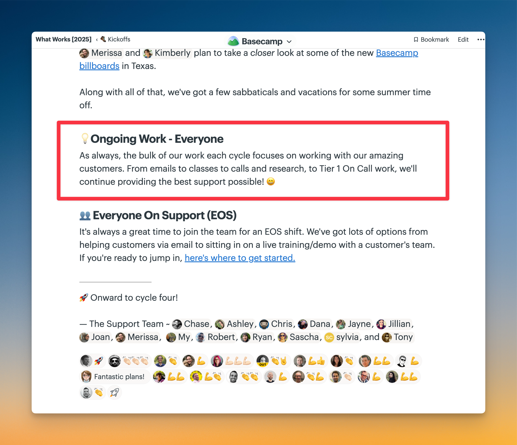 Screenshot of a What Works kickoff in Basecamp highlighting the “Ongoing Work - Everyone” section about customer support work.