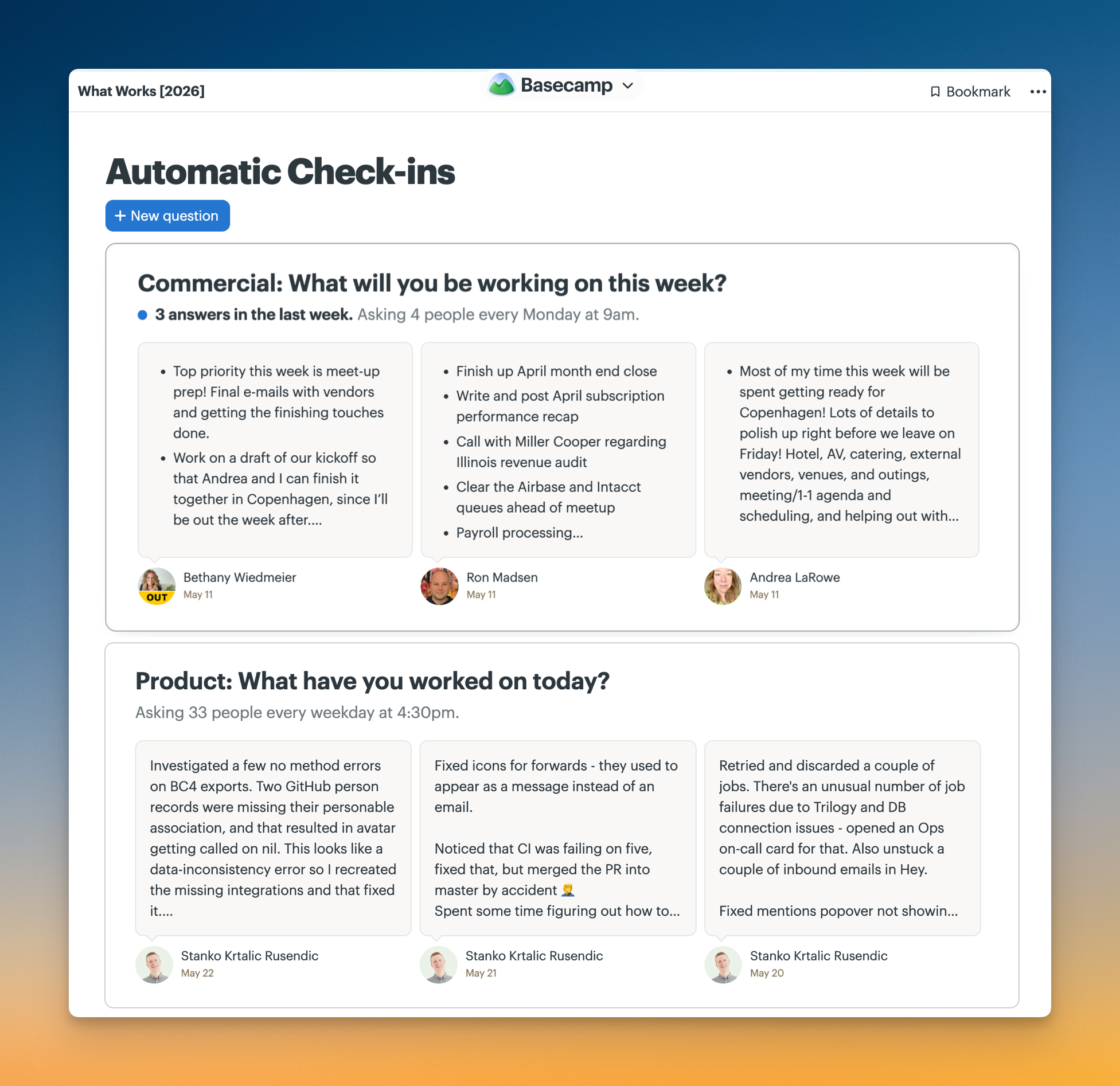 Screenshot of Automatic Check-ins in Basecamp, showing recurring questions and recent team responses.