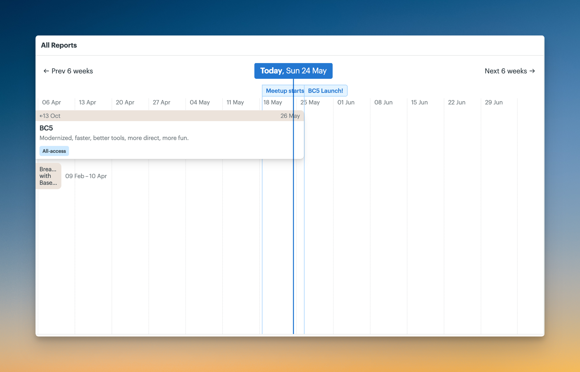 Screenshot of Basecamp’s Lineup, showing the BC5 project timeline with key dates and a marker..