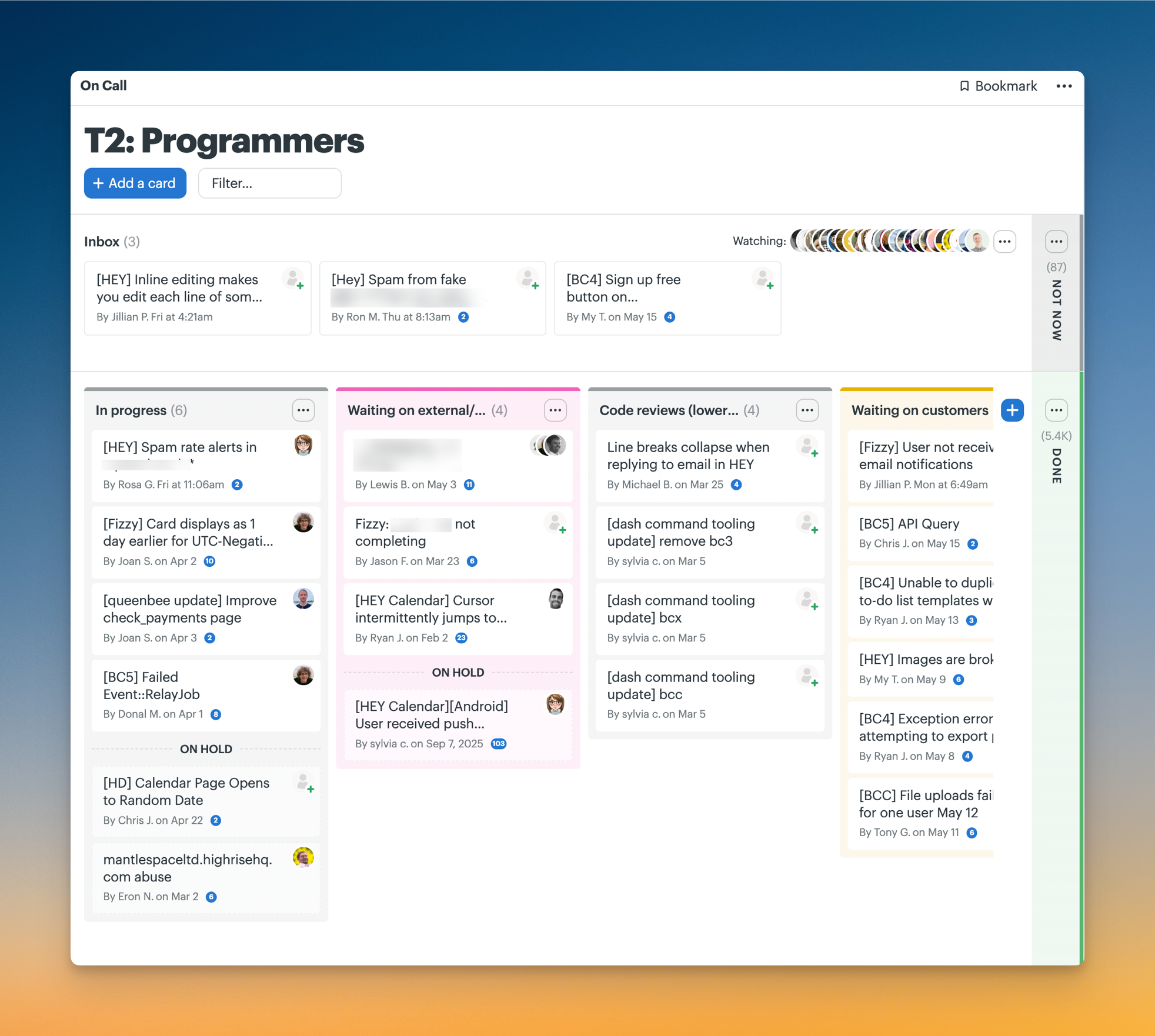 Screenshot of an On Call card table in Basecamp, showing programmer support issues organized by status.