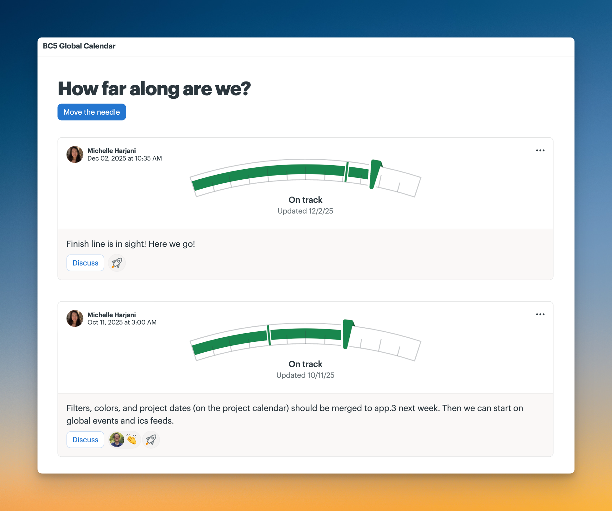Screenshot of a Basecamp project’s Needle updates, showing progress gauges and comments.