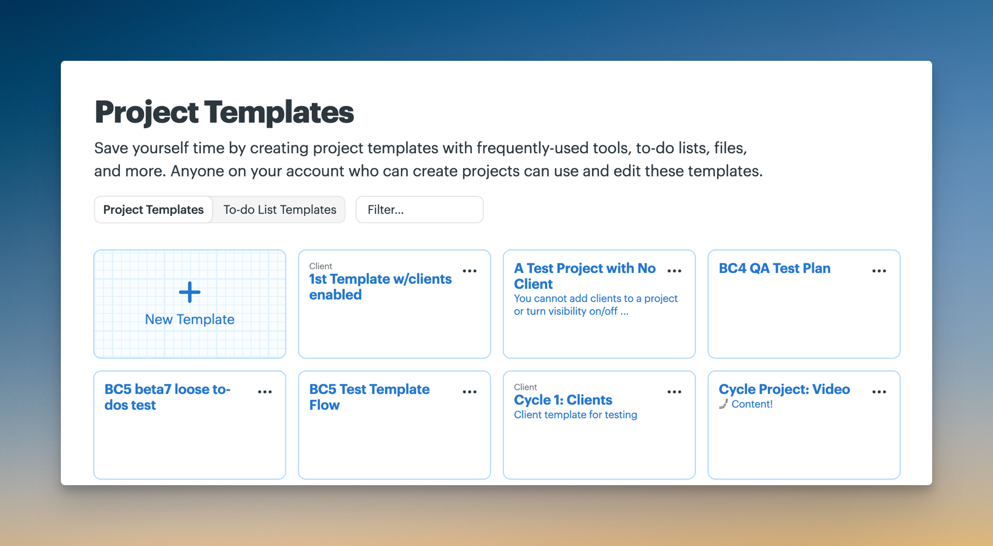 Screenshot of Basecamp’s Project Templates page, showing project templates and a button to create a new template.