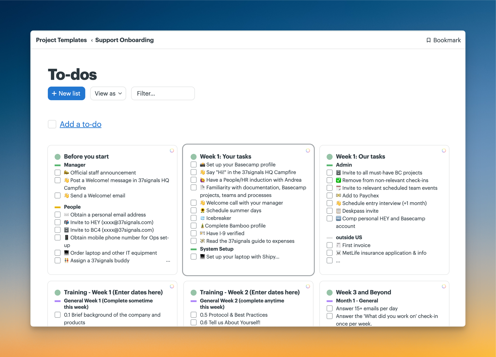 Screenshot of a Basecamp Support Onboarding to-do template, showing grouped to-dos and lists for a new hire’s first weeks.