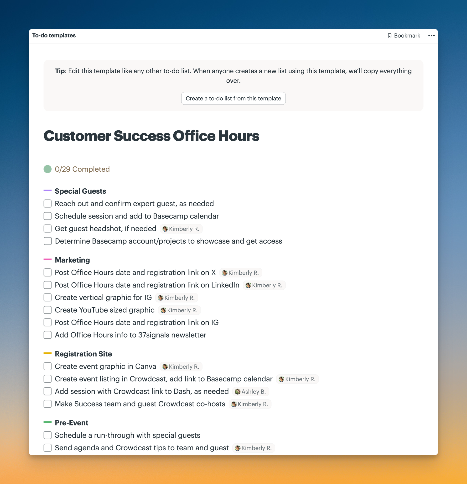 Screenshot of a Basecamp to-do list template for Customer Success Office Hours, with grouped to-dos for guests, marketing, registration, and pre-event prep.