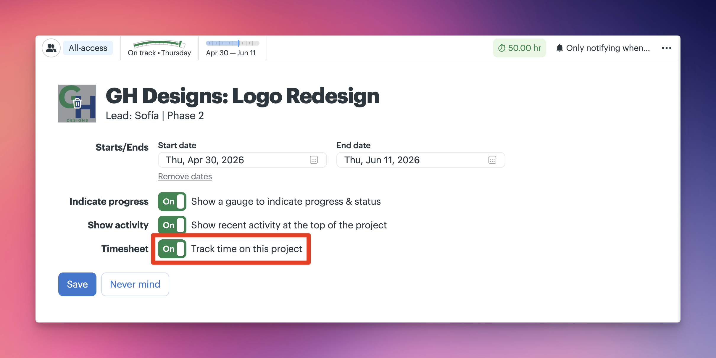 a screenshot with a red box around the project renaming screen calling out where to track time on this project