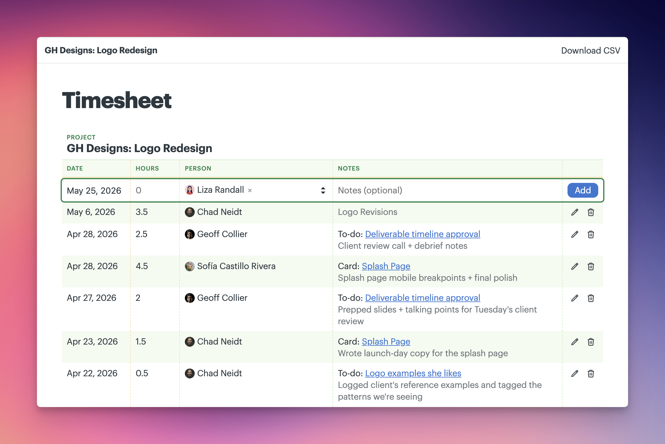 a screenshot showing the timesheet report and how to log new time entries