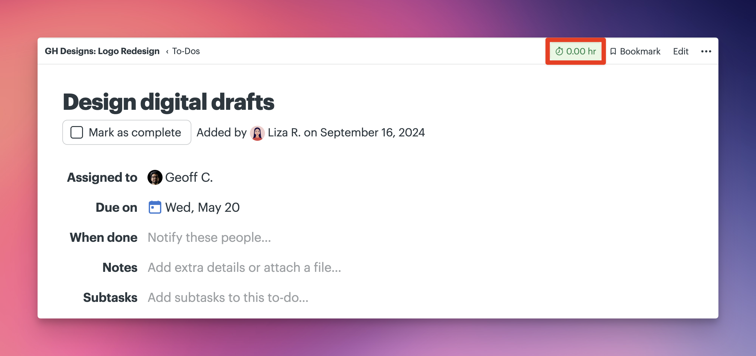a screenshot with a callout showing where to click to add time for a specific item