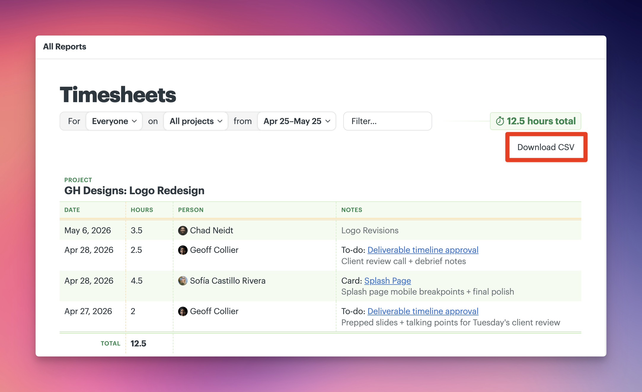 a screenshot of the timesheet report with a callout on where to download the CSV
