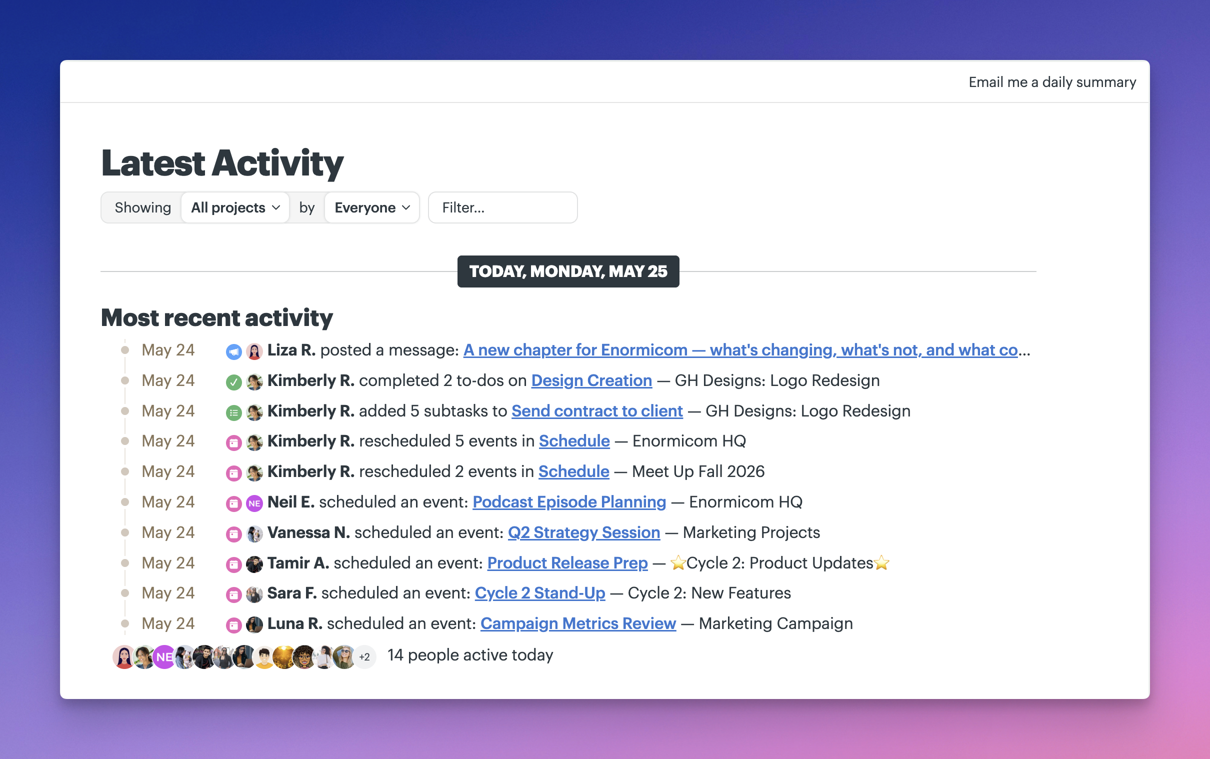 a screenshot showing the latest activity report inside basecamp