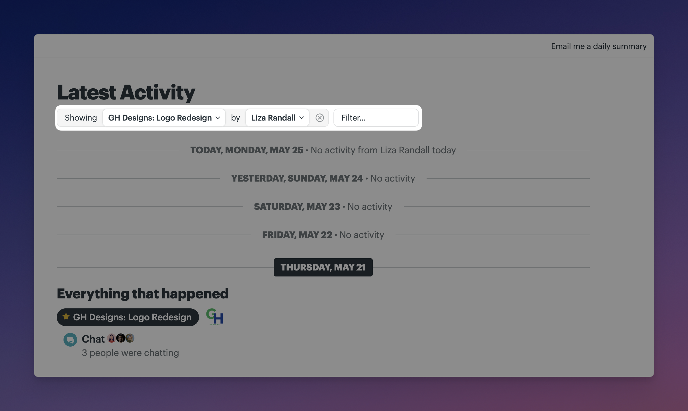 a screenshot highlighting the search/filter bar on the activity report
