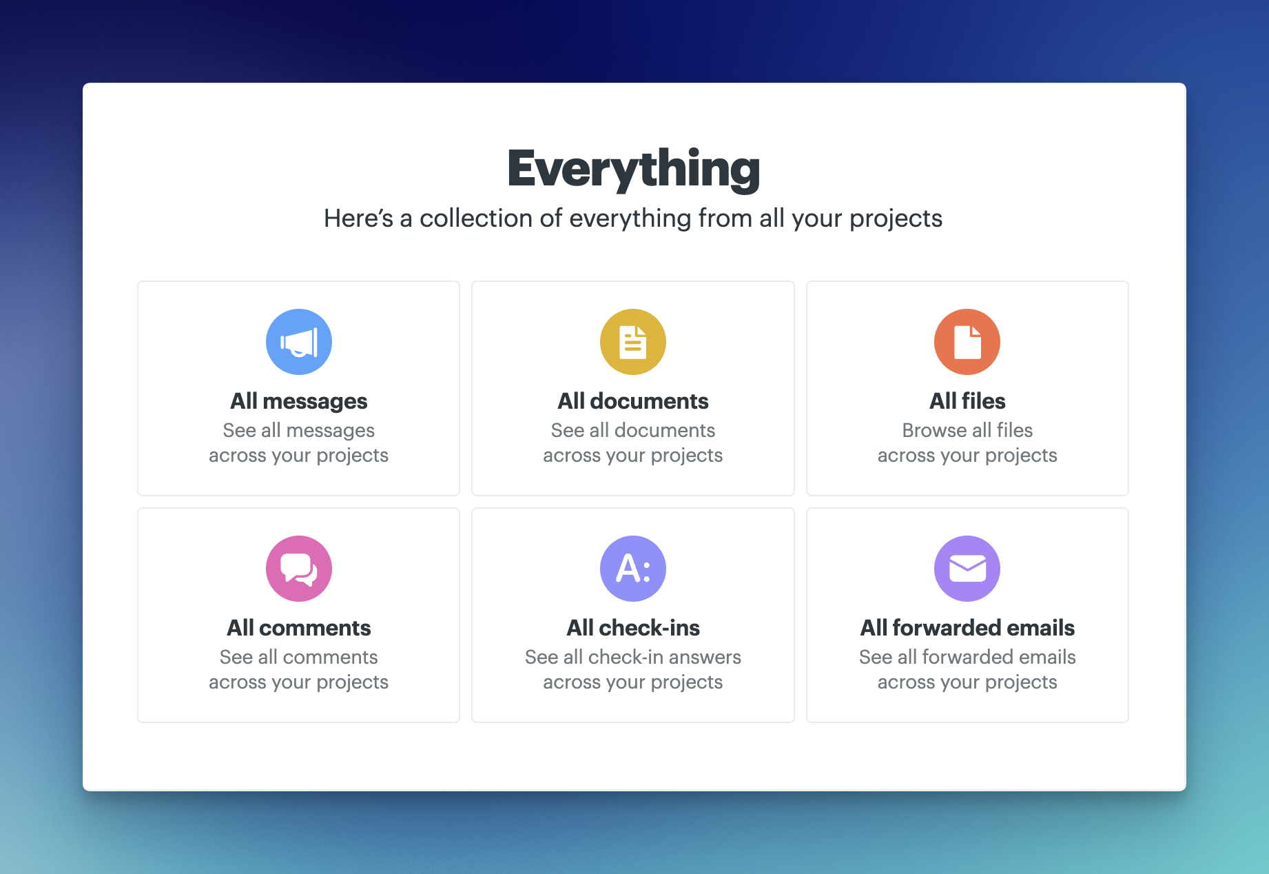a screenshot of the everything page in basecamp