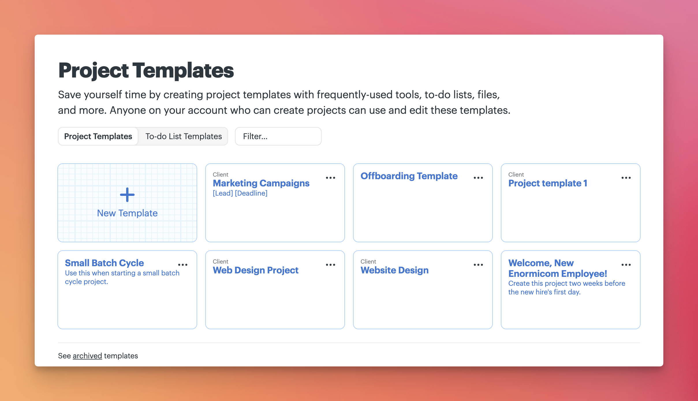 a screenshot showing the template screen where you can choose a project or to-do template