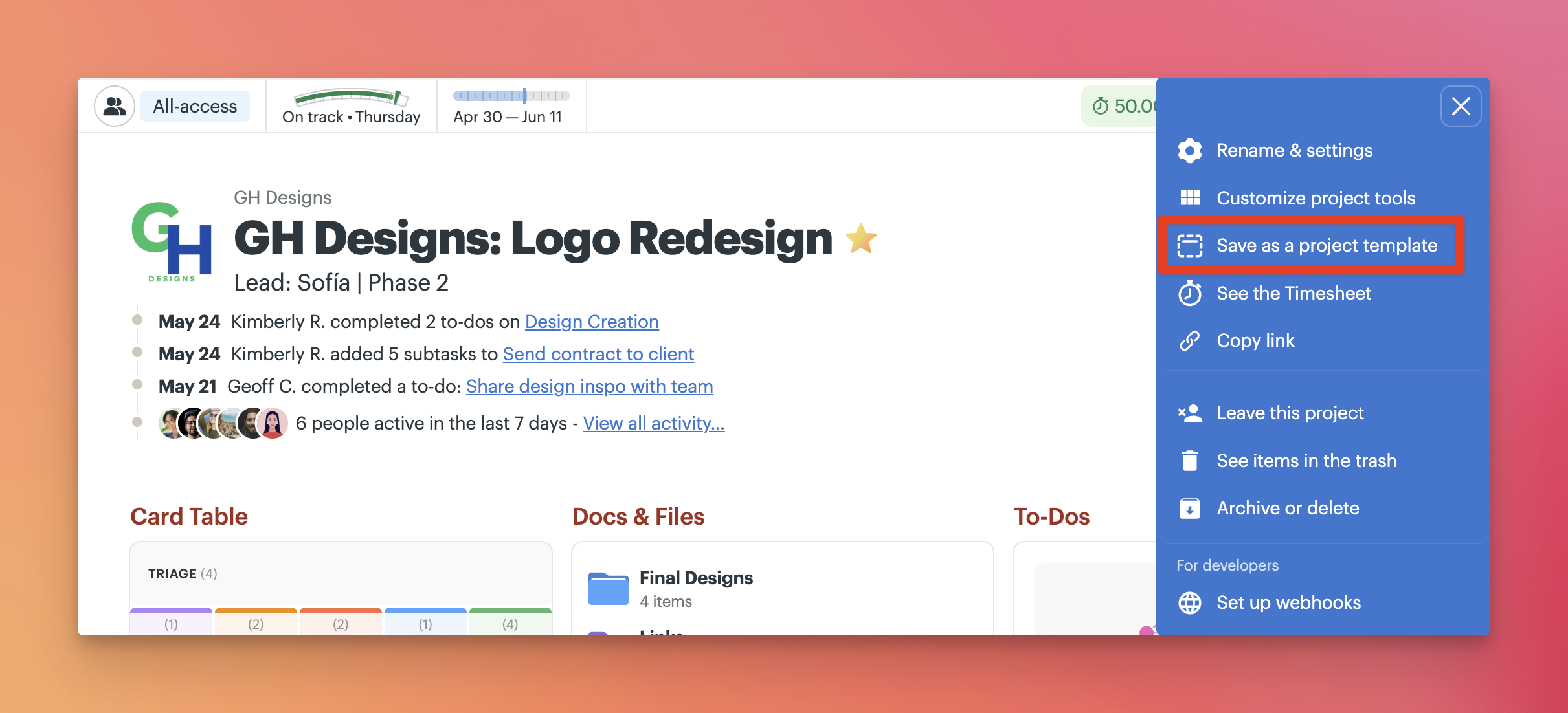 a screenshot with a callout to the menu where you can choose to save as a project template