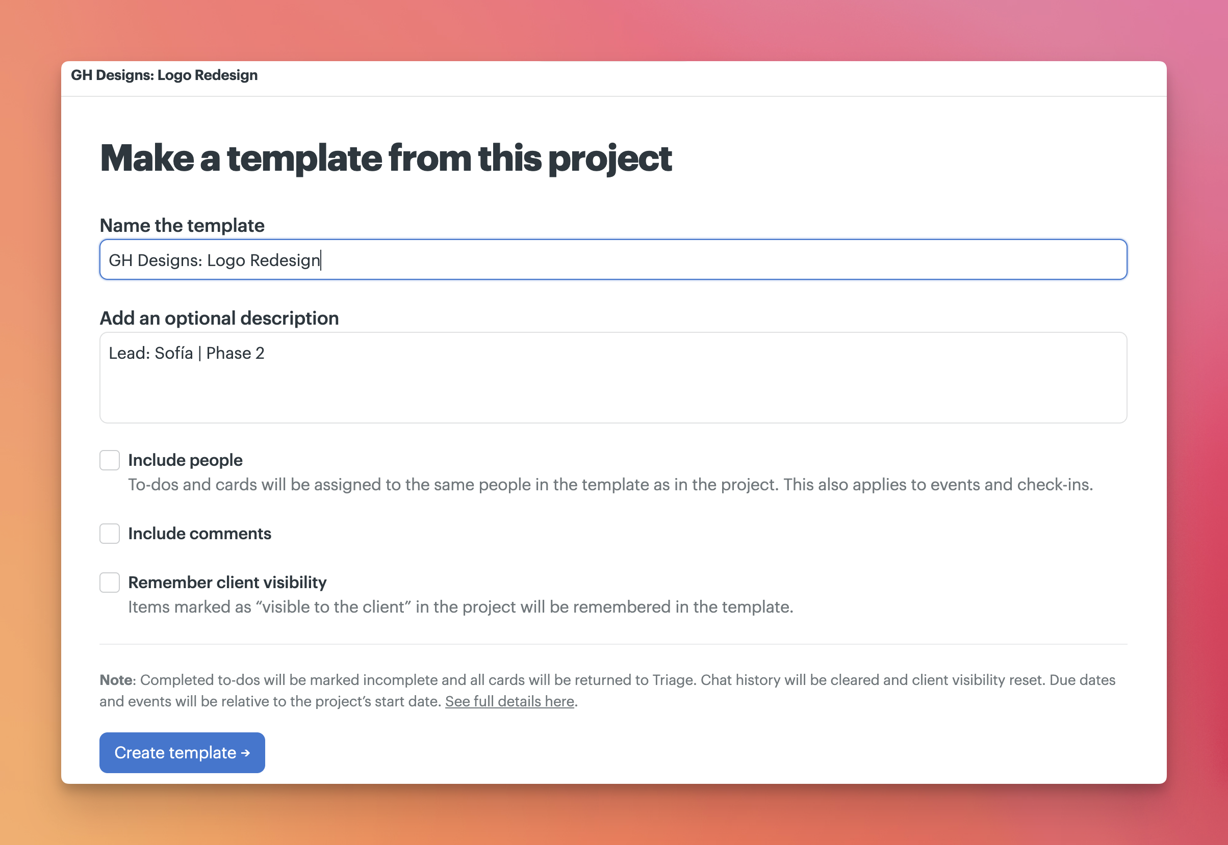 a screenshot of the create a template from a project screen with the settings allowed