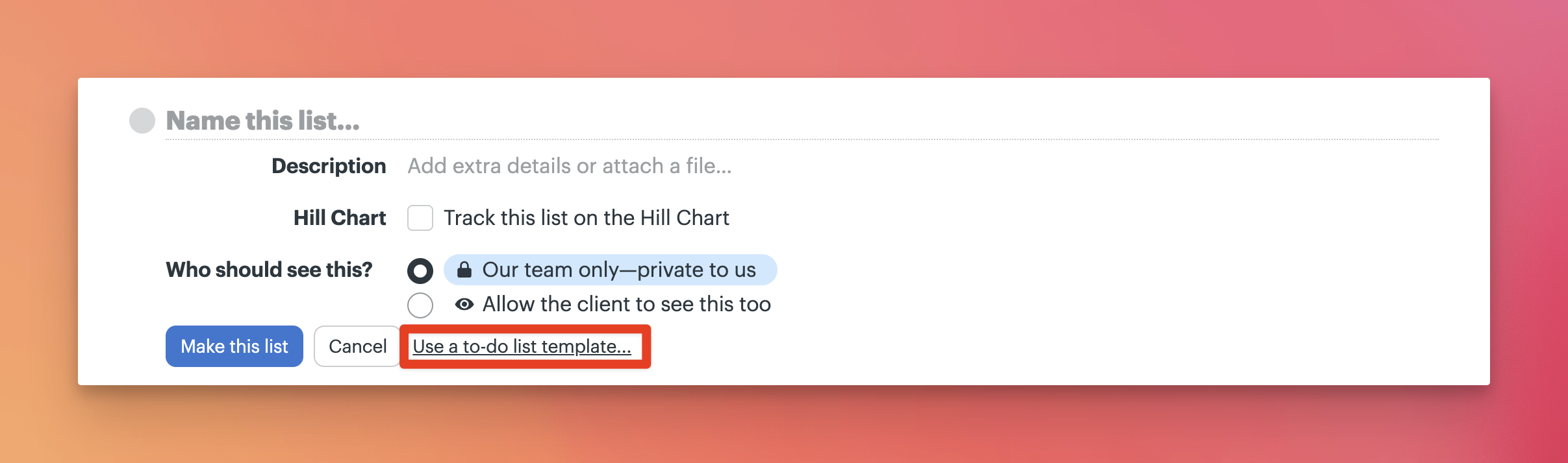 a screenshot with a callout showing where to create a new to-do list from a template