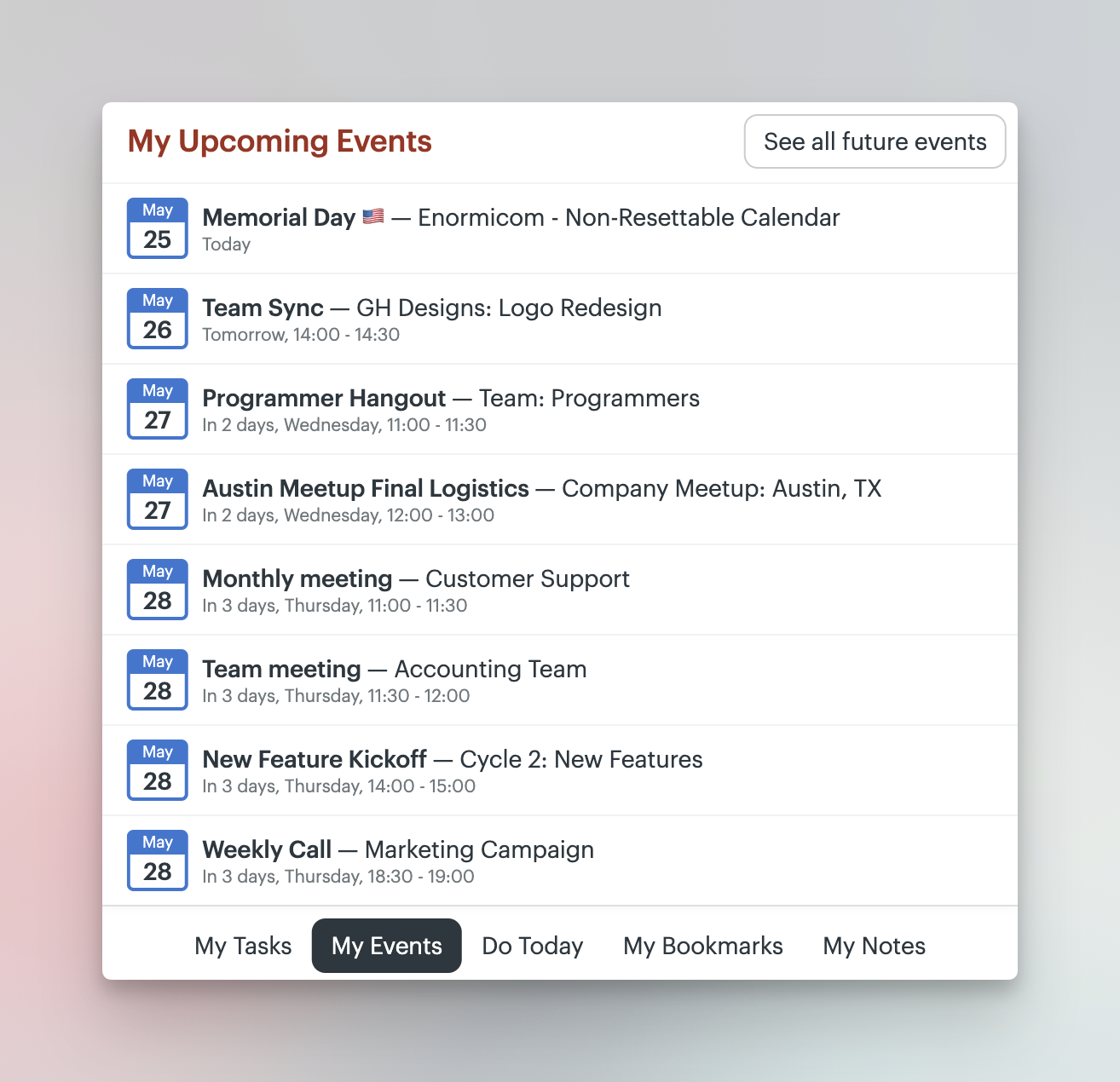 a screenshot showing the my events section of the bottom bar