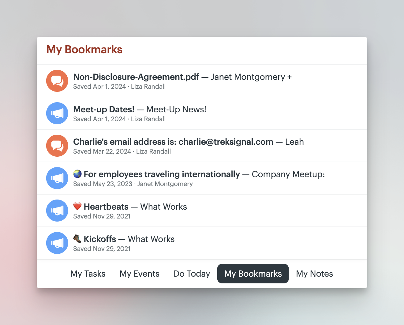 a screenshot showing the bookmarks page of the bottom bar