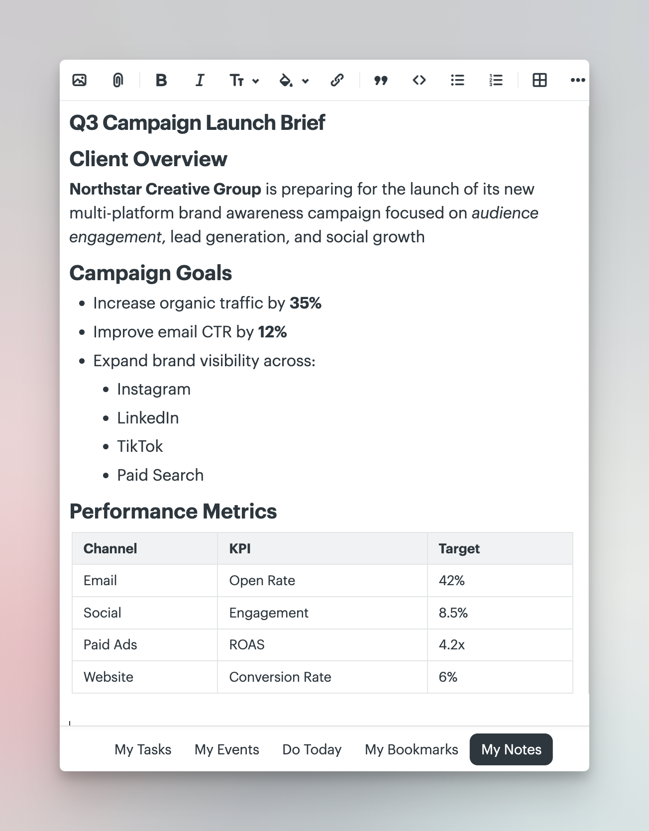 a screenshot showing the my notes section of the bottom bar using markdown formatting