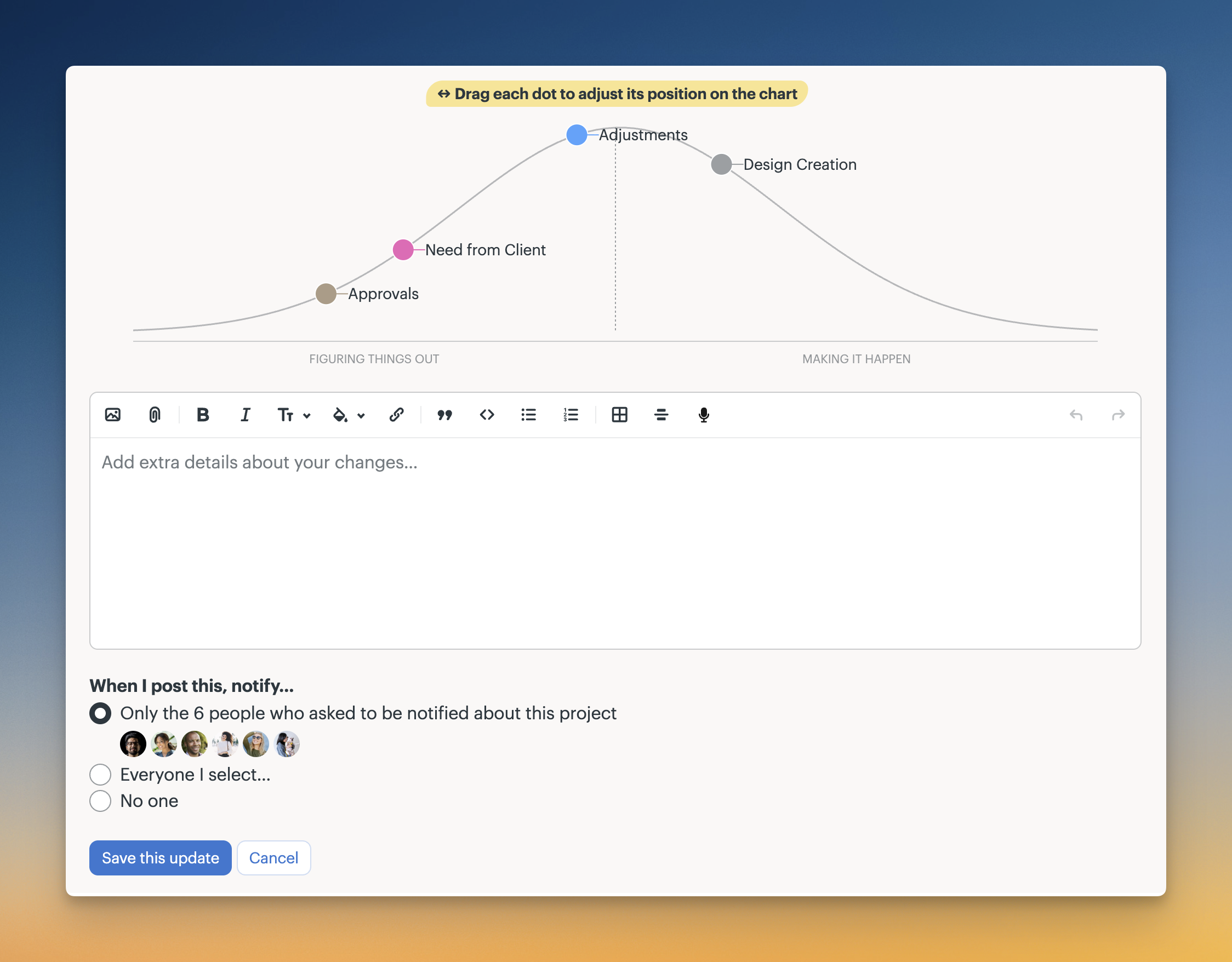 a screenshot showing the update a hill chart page where you can add notes, drag the dots, and notify users