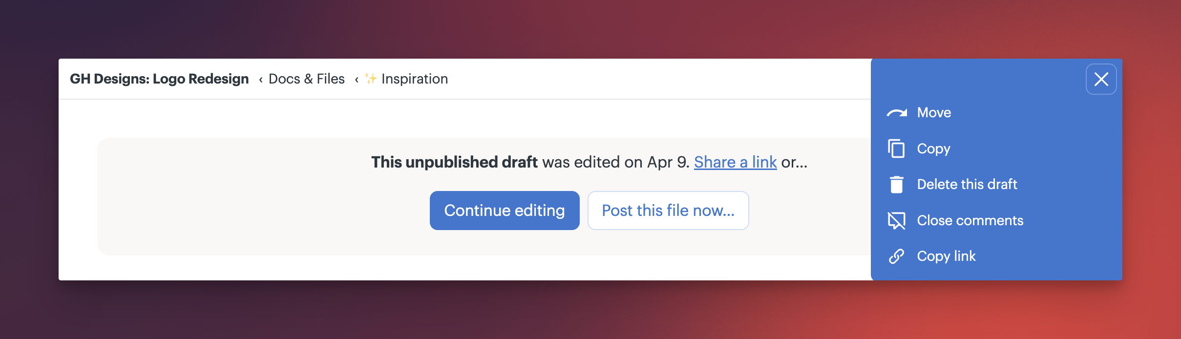 a screenshot showing the continue editing, post now, and delete options on a draft
