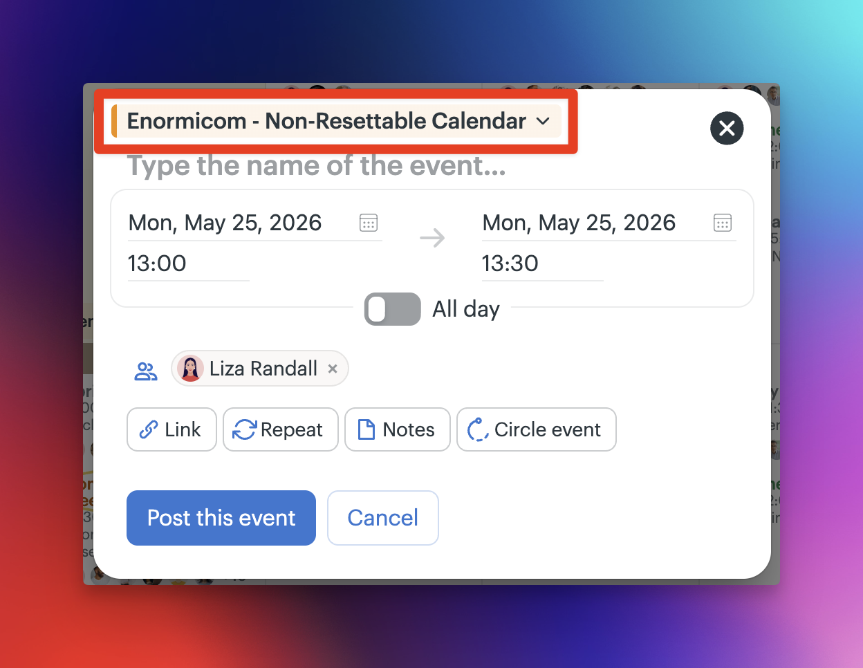 a screenshot of the global calendar add event pop up where you can choose the calendar