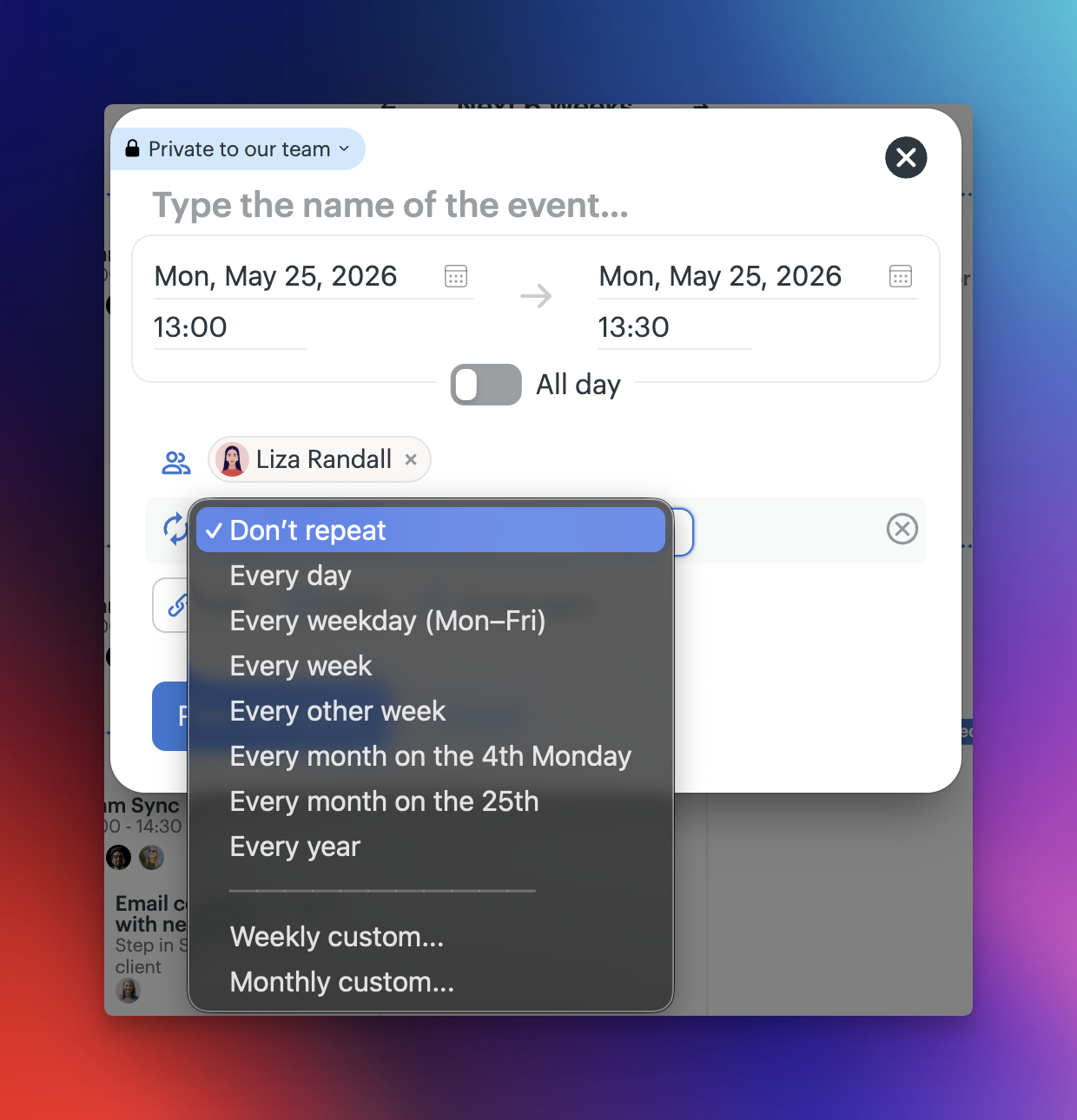 a screenshot of the repeat an event settings