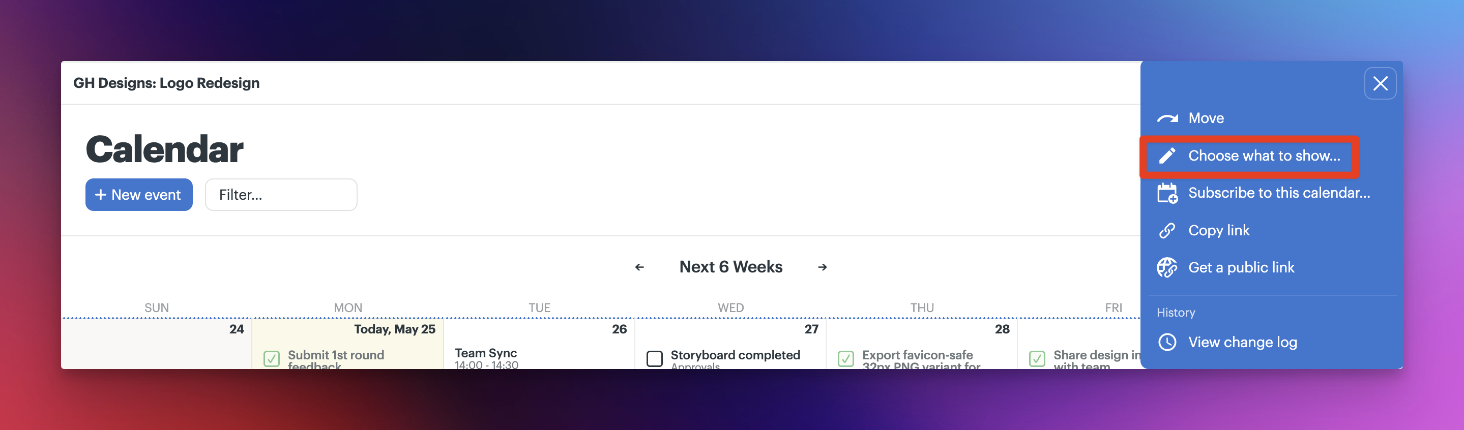 a screenshot with a box around the choose what to show option on a project calendar