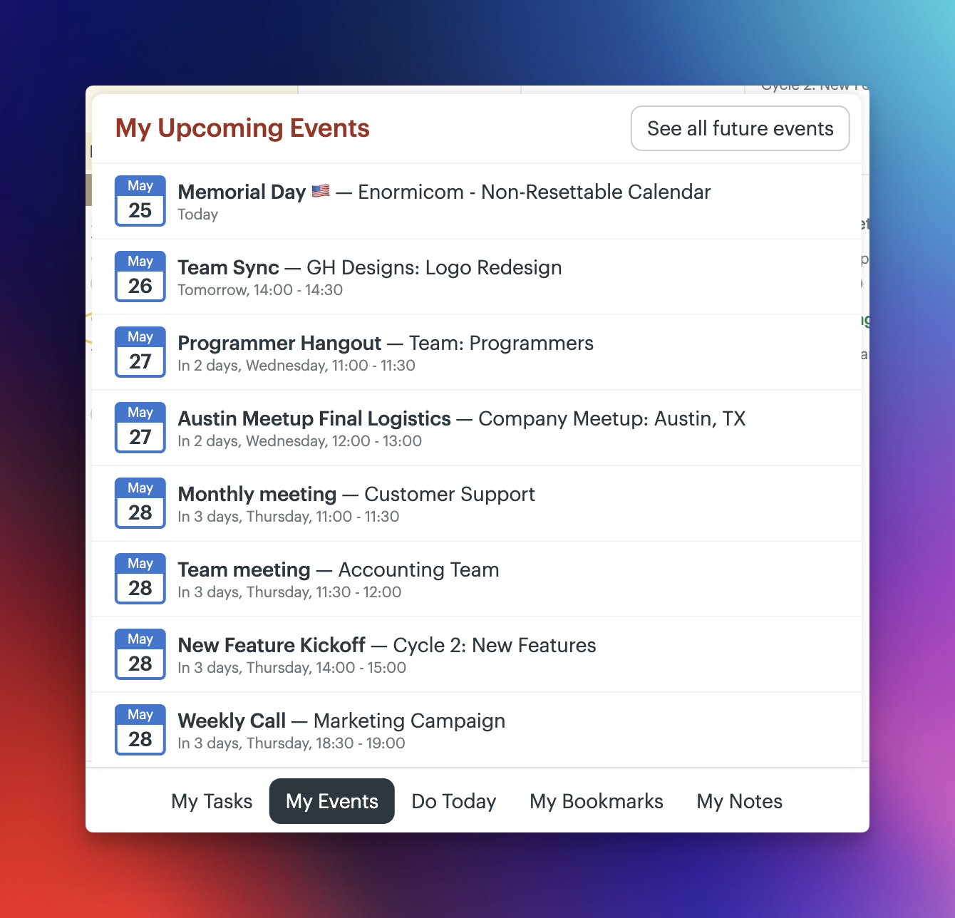 a screenshot of the my events pop up from my bar showing events