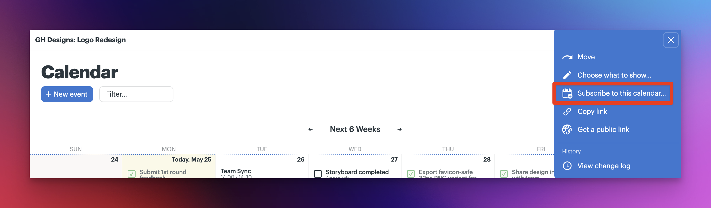 a screenshot with a box around the subscribe to this calendar menu option on a project calendar