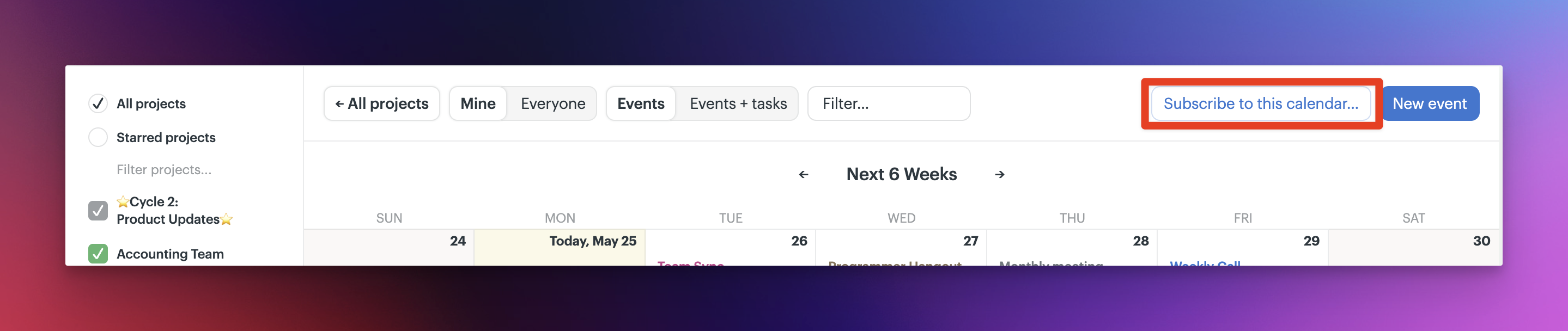 a screenshot with a box around the subscribe to this calendar button on the global calendar