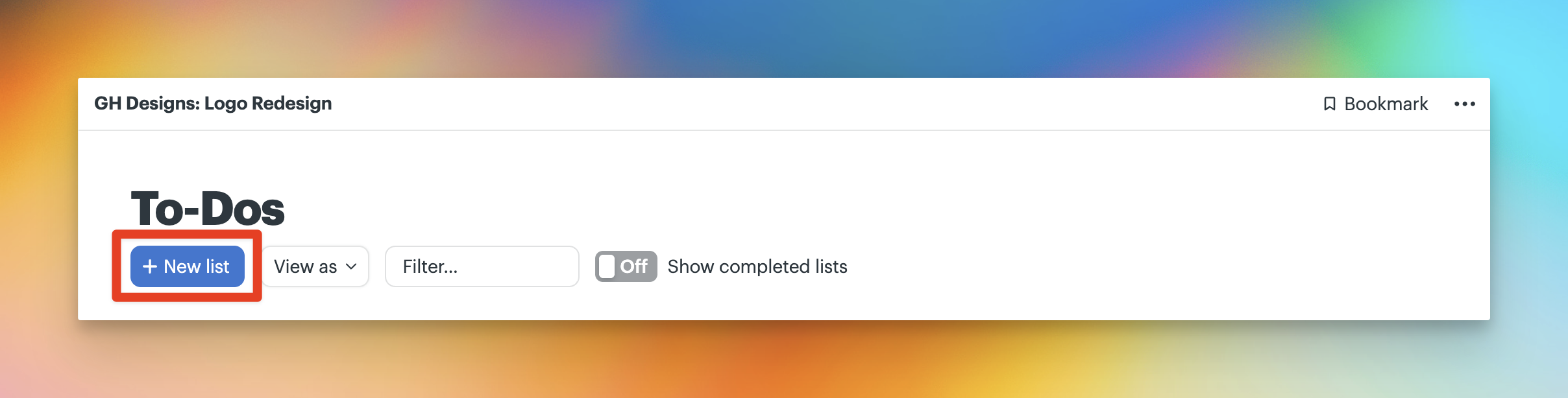a screenshot showing a box around the +new list button on a to-do tool