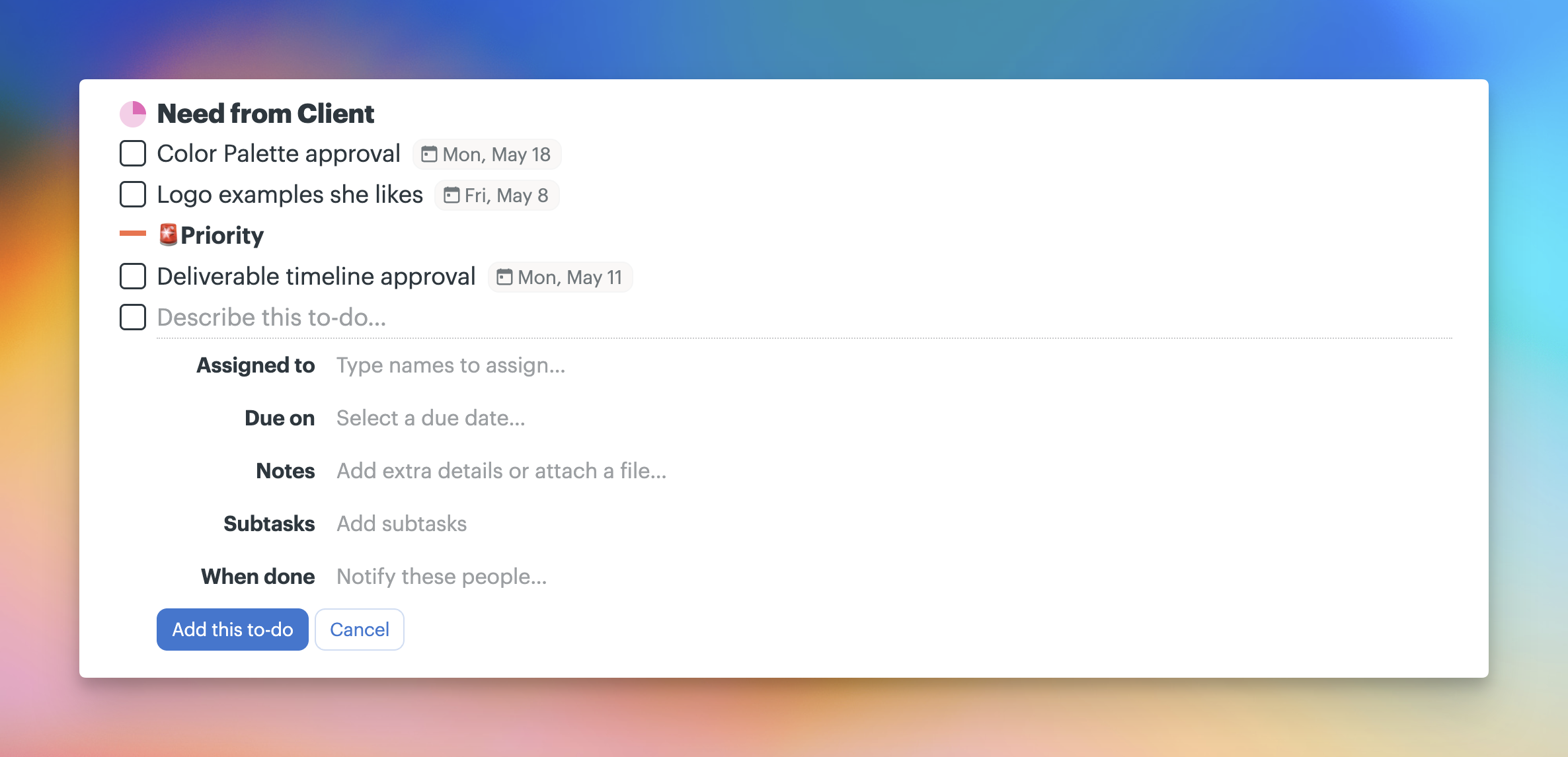 a screenshot showing the options you have when adding a new to-do