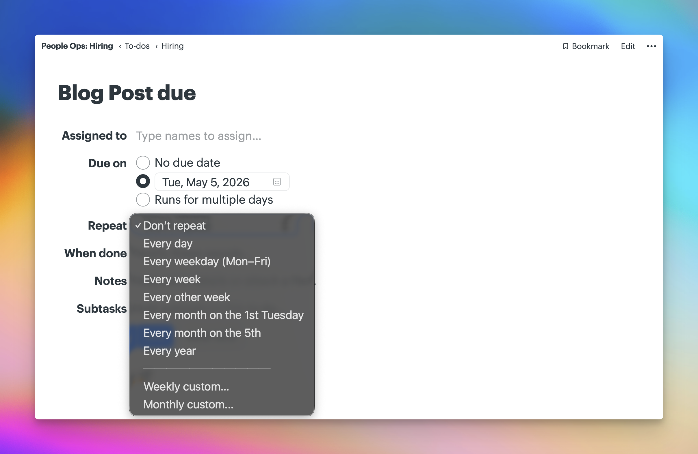 a screenshot showing the options you have when setting a to-do to repeat