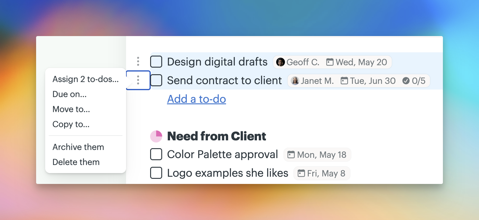 a screenshot showing the options when you have multiple to-dos selected