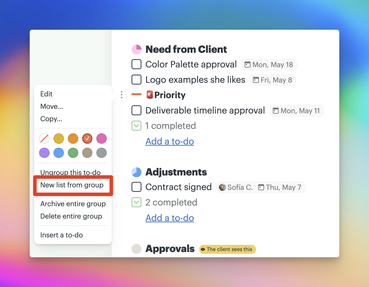 a screenshot with a box around the new list from group option when you select the menu for a group