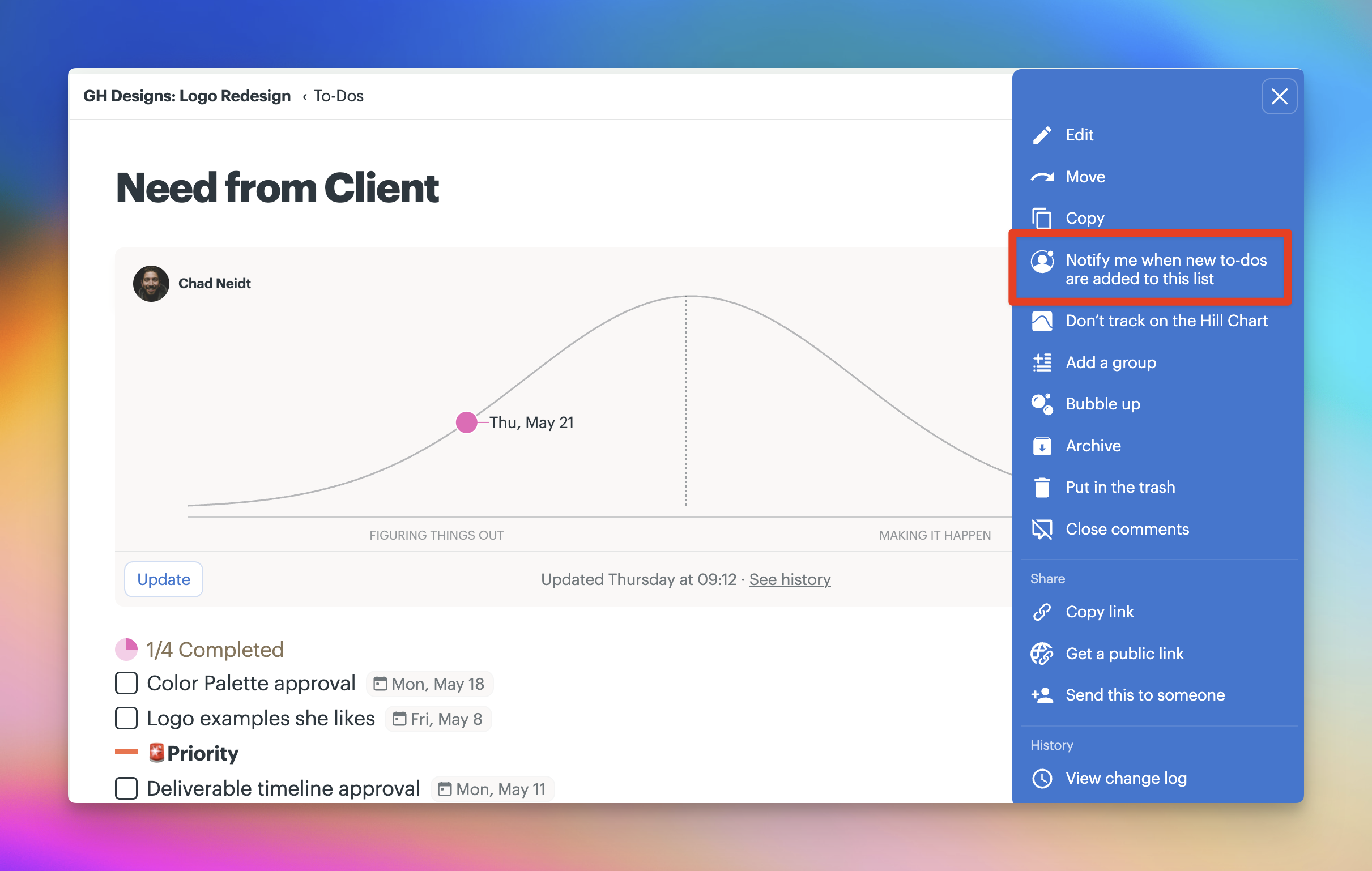 a screenshot with a box around the menu option on a to-do list to notify me when new to-dos are added to this list