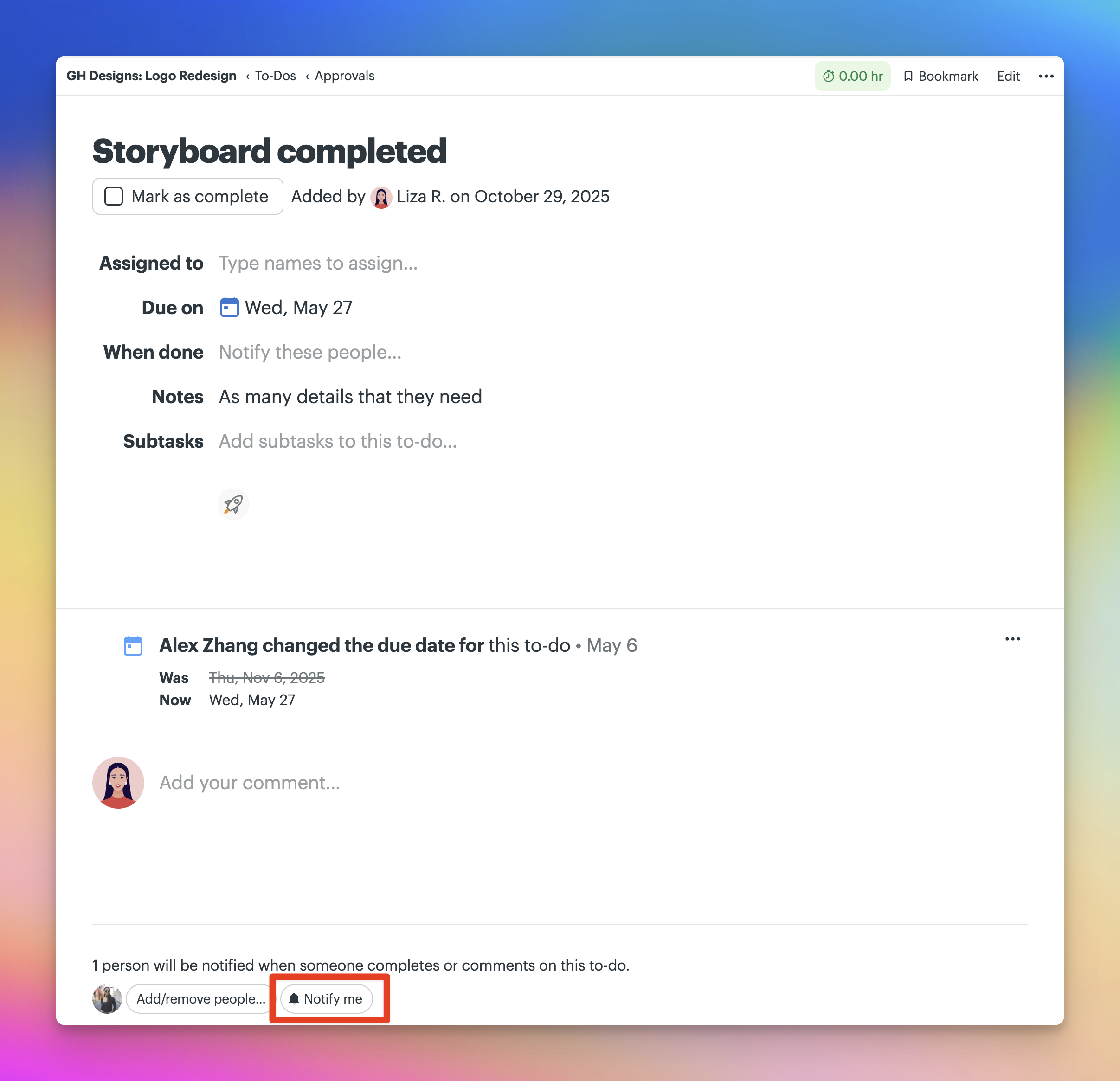 a screenshot with a box around the notify me option at the bottom of an individual to-do