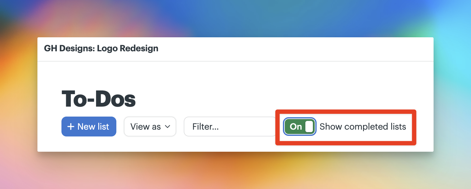 a screenshot with a box around the show completed lists toggle on the to-do tool