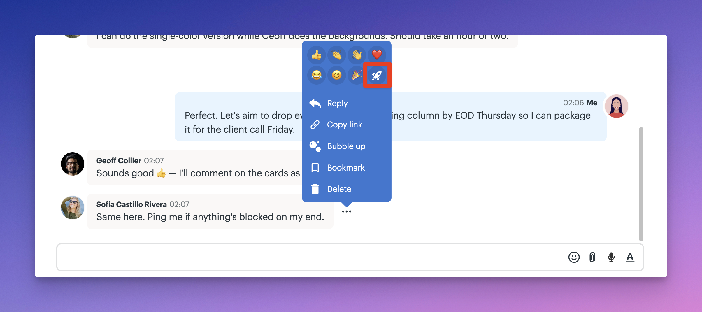 a screenshot with a box around the boost icon in a chat tool