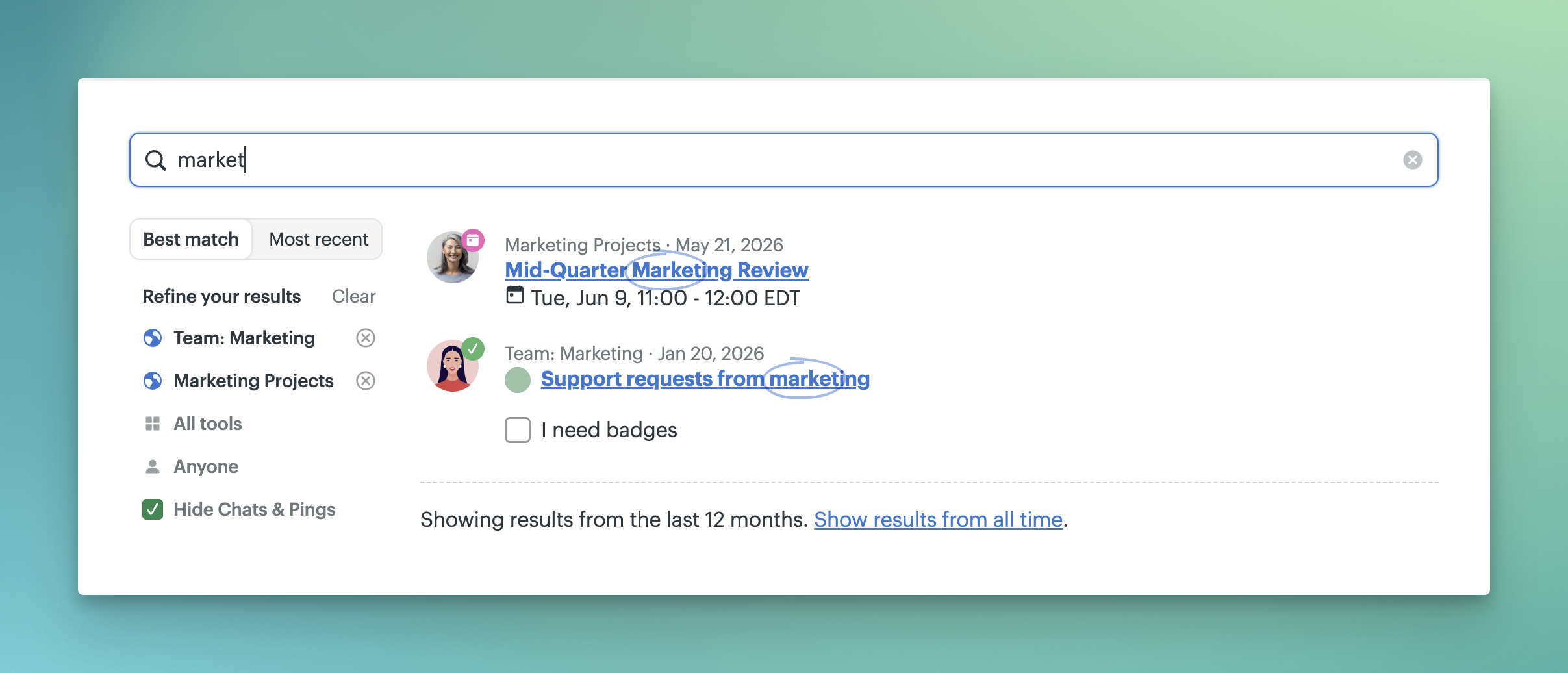 a screenshot showing refined search results by projects
