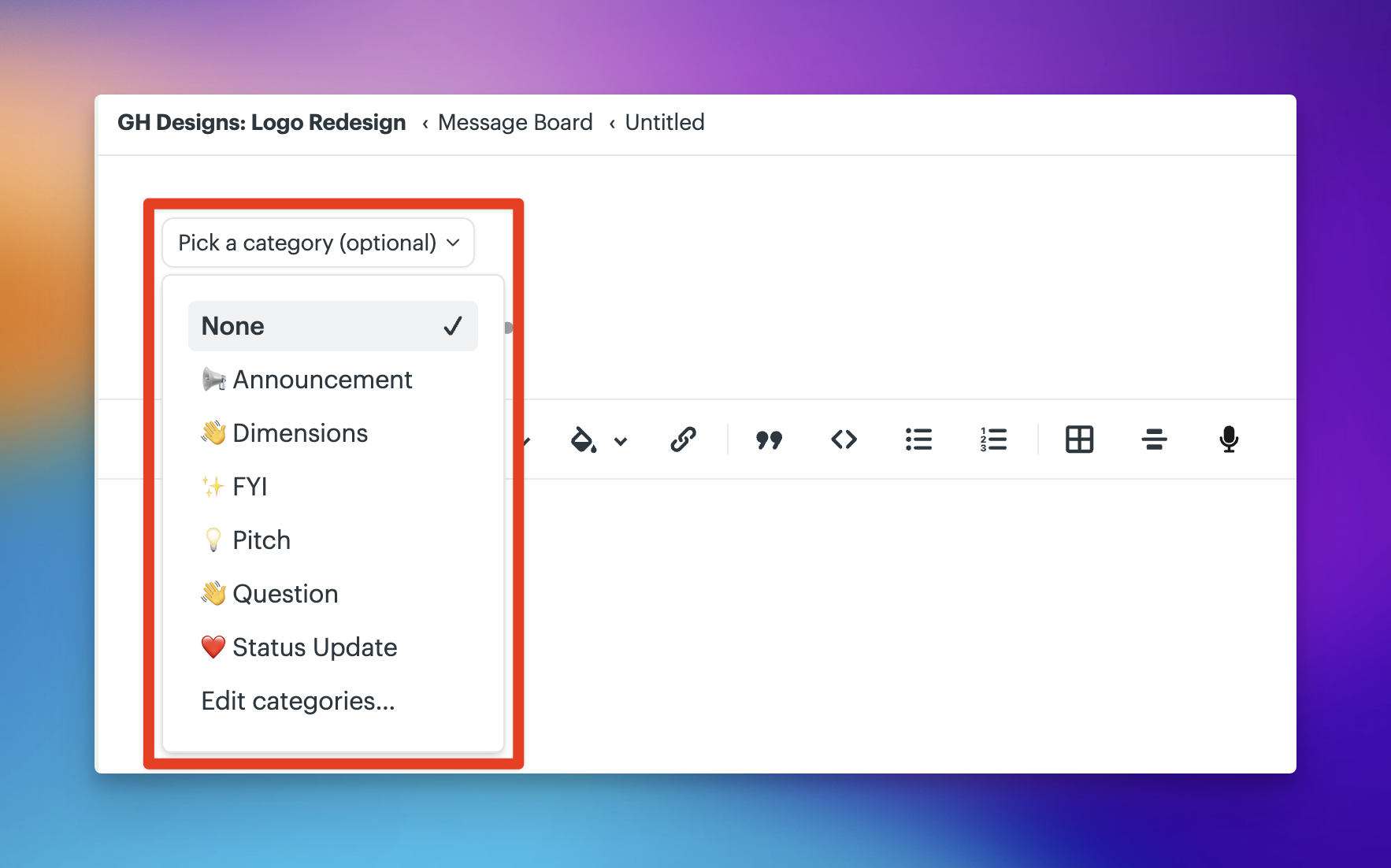 a screenshot of a box around the category options on a new message board post
