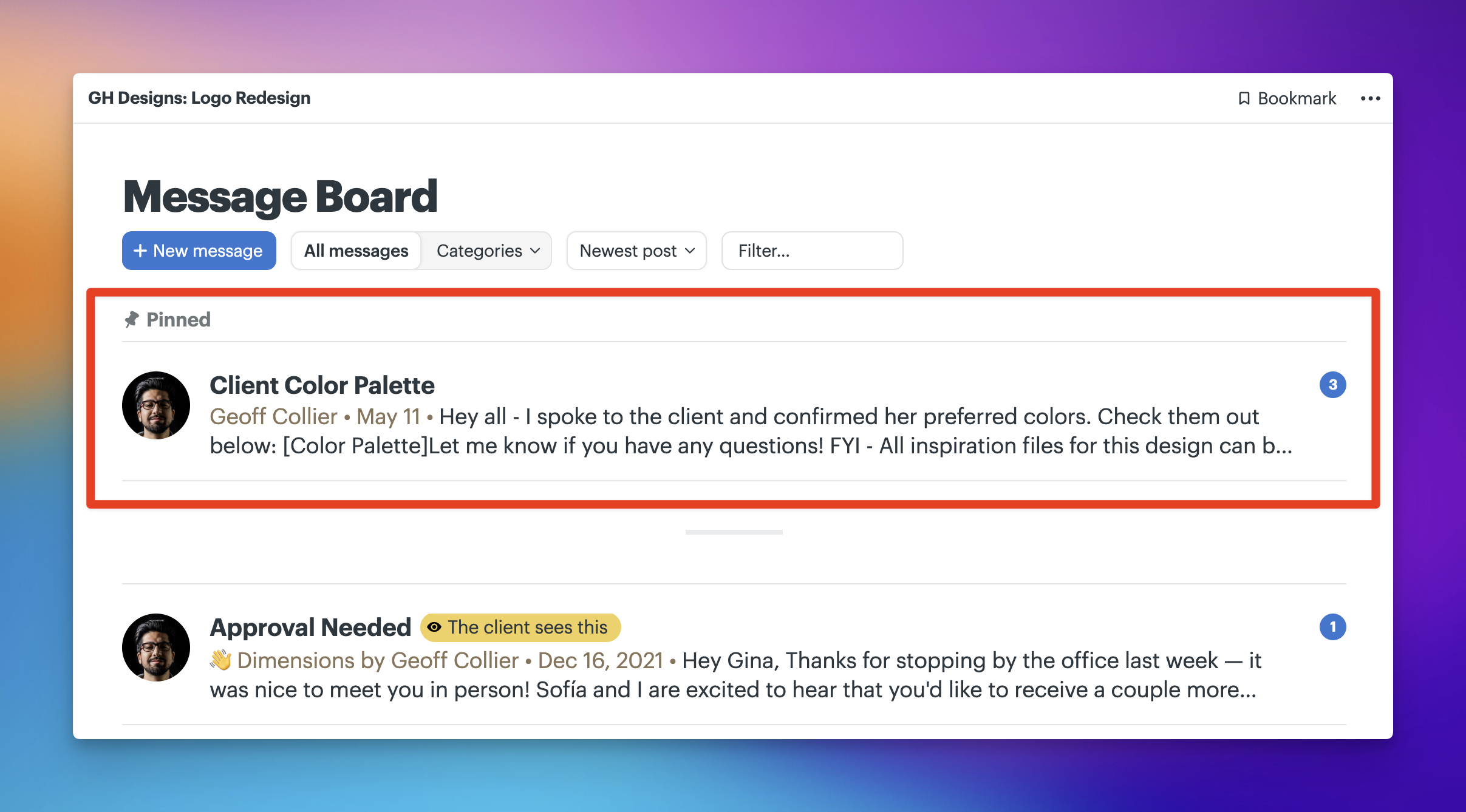 a screenshot of a box around the pinned messages on the top of the message board tool