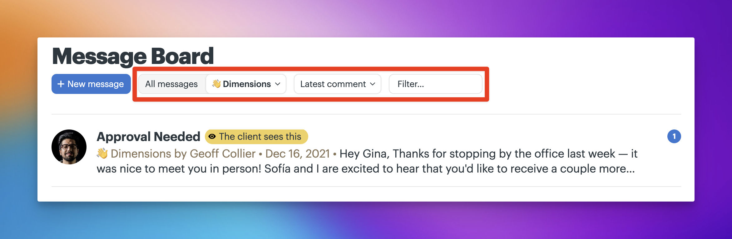 a screenshot of a box around the filtering and sorting options for the message board