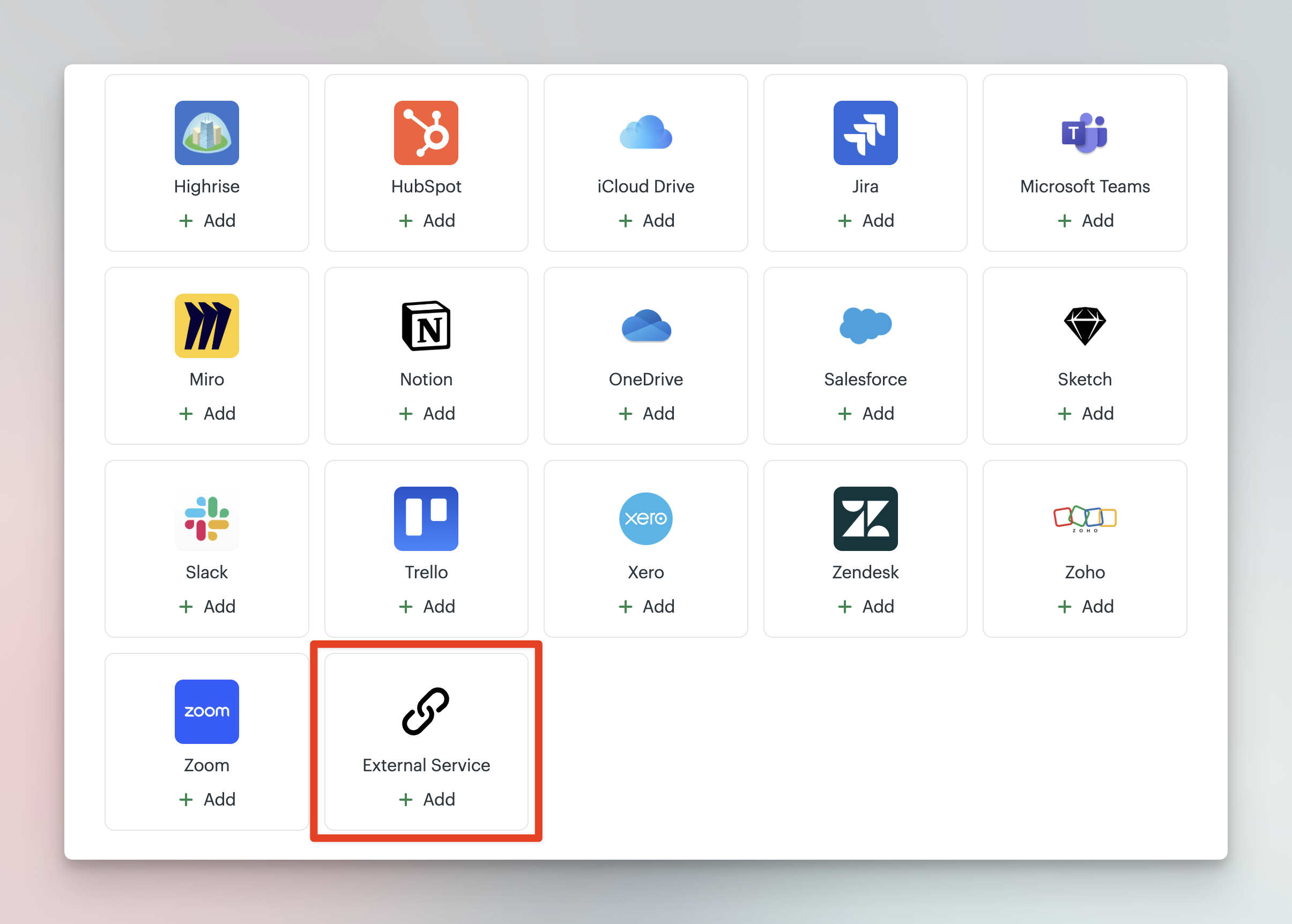 a screenshot of a box around the external service button