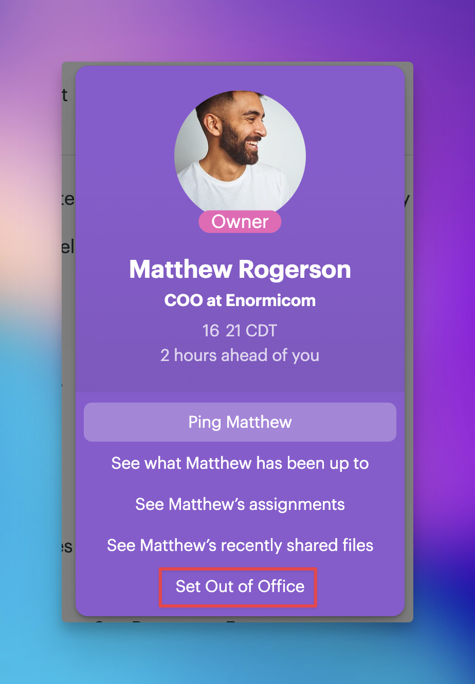 a screenshot of the profile card with a highlighted box around the Set Out of Office option.