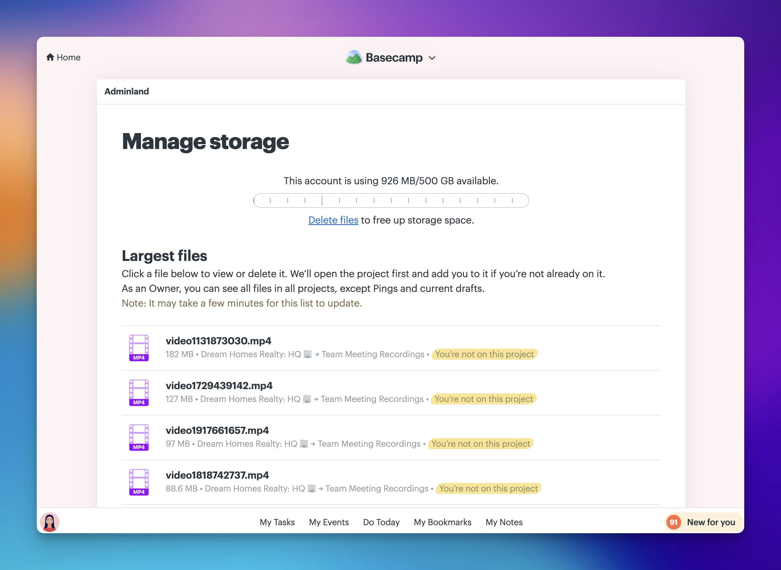 A screenshot of Adminland Manage storage page showing usage status and largest files list