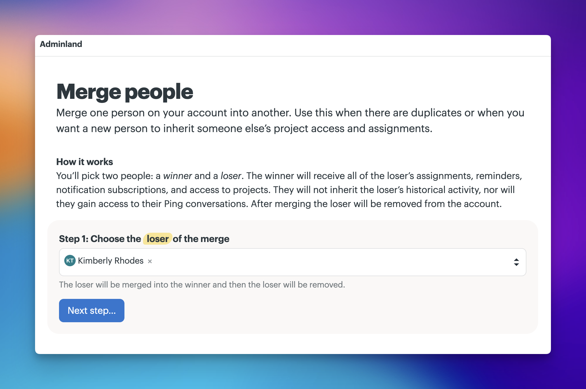 Merge people page — selecting the loser profile